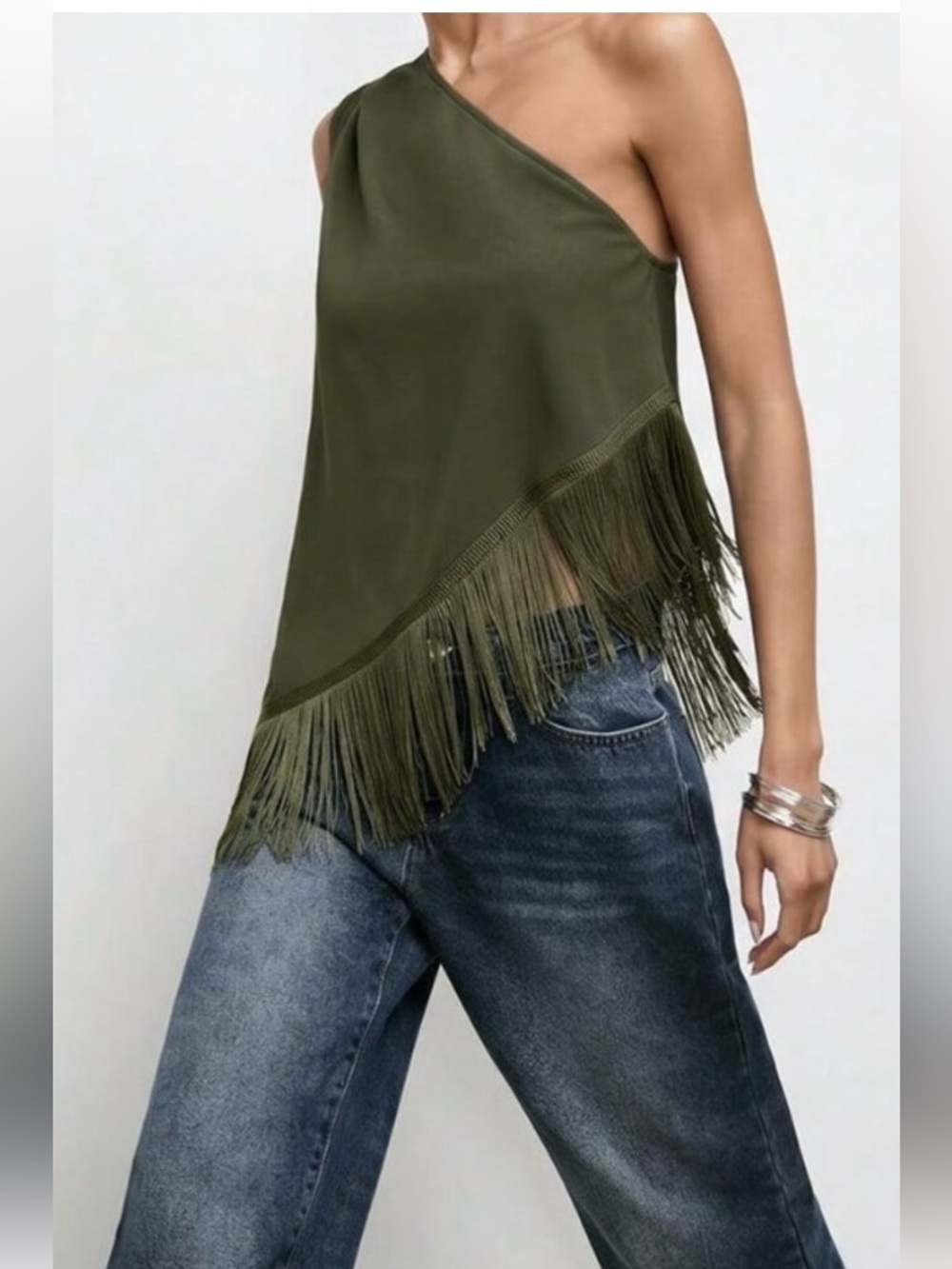 Army Green Casual Women's One Shoulder Top With Tassel Hem Loose Sexy